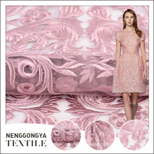 Oem high quality knitted mesh pink foam embroidery fabric for wedding